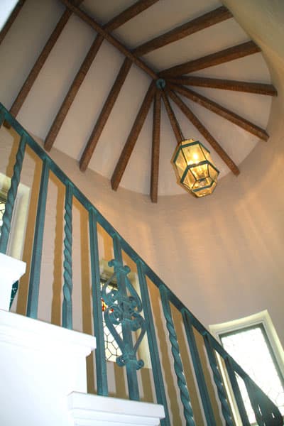 Brighton, NY – Houston Barnard Neighborhood – Domed ceiling with wooden beams and patinaed railing