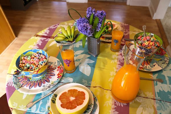 Cheery foods brighten this breakfast table.